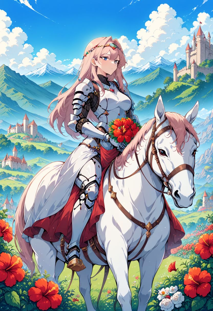 A girl riding a white horse, cool, long hair, mechanical, jeweled band, blue sky, castle, cloud, cloudy sky, sky, field, Hibiscus flowers, bouquet, mountain, outdoors, pink flowers, red flowers, red roses, white roses, sky, solo, weapons, HD, best quality, 16k, masterpiece