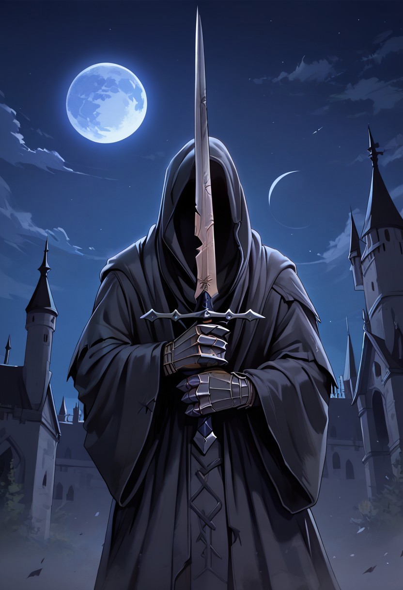 score_9, score_8_up, score_7_up,nazgul,1 male,hood up,faceless,black broken robe,gauntlet ,at castle, at night , moon light,held sword