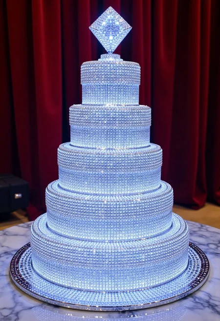 A hyper-realistic cake made entirely of dazzling iced-out diamonds, each facet reflecting light in a brilliant spectrum of colors. The multi-tiered cake has intricate, diamond-studded layers, with sharp, precise edges giving it a sculptural, crystalline appearance. Every made out of ck-iced-out-jewelz, ck-iced-out-jewelz detail is crafted from cut gemstones, forming delicate patterns that shimmer under soft spotlighting. The top of the cake features a large, radiant diamond centerpiece, emitting a radiant glow. The surrounding environment is a luxurious, opulent setting with velvet drapes and polished marble surfaces, creating a stunning contrast with the cake’s sparkling brilliance. Shot from a low-angle, capturing the full grandeur of the design with light refracting off the diamonds, creating a mesmerizing play of reflections and glints.