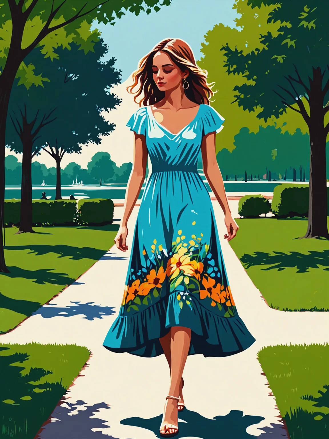 mad-stncl, woman with summer dress walking through park, flat color, <lora:Stencil_Art_SDXL:1>, (masterpiece:1.2), best quality