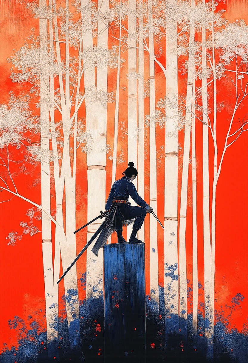 detailed serigraphy by byjuanromero, ibsukionsen, masterpiece, newest, absurdres, very awa, slim 1girl, crouching, action pose, holding sword, perched on bamboo stump, recursion, too many bamboo, white bamboo, intricate detail, iridescent, abstract background, bamboo forest, cut bamboo, flat composition, limited palette, pale white and blue, fisheye, perspective, depth, outdoors, binary, dutch angle, XUER guangying, r17329_illu, 4ki4k4ne_illu, ambient occlusion, neon-mist, 90s Tokyo erotica, garment made of plastic similar to a raincoat, jewelry. 90s, 90STOKYO, low light, grainy, visible noise, reflections, red background