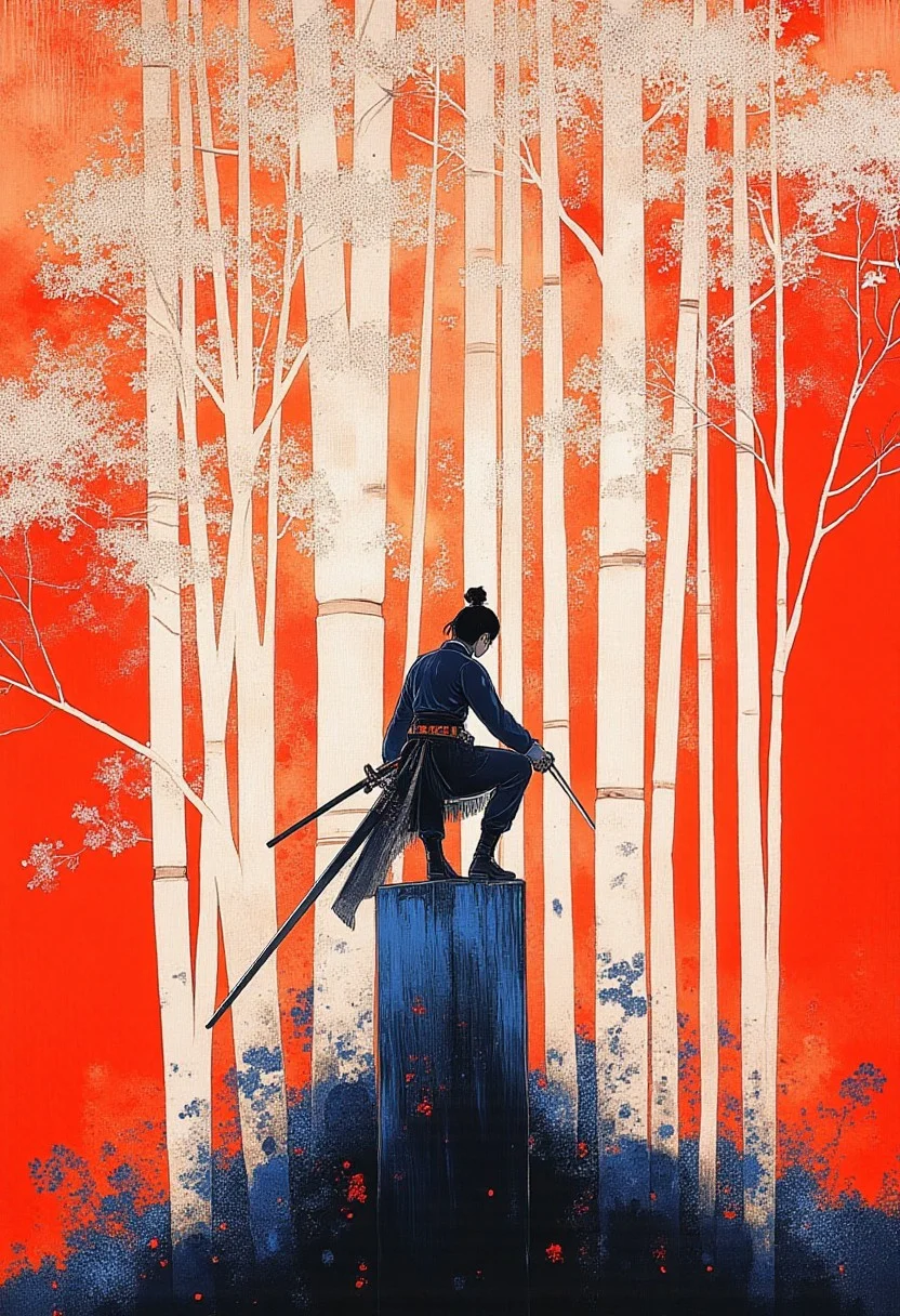 detailed serigraphy by byjuanromero, ibsukionsen, masterpiece, newest, absurdres, very awa, slim 1girl, crouching, action pose, holding sword, perched on bamboo stump, recursion, too many bamboo, white bamboo, intricate detail, iridescent, abstract background, bamboo forest, cut bamboo, flat composition, limited palette, pale white and blue, fisheye, perspective, depth, outdoors, binary, dutch angle, XUER guangying, r17329_illu, 4ki4k4ne_illu, ambient occlusion, neon-mist, 90s Tokyo erotica, garment made of plastic similar to a raincoat, jewelry. 90s, 90STOKYO, low light, grainy, visible noise, reflections, red background