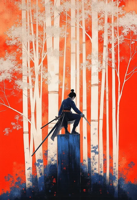 detailed serigraphy by byjuanromero, ibsukionsen, masterpiece, newest, absurdres, very awa, slim 1girl, crouching, action pose, holding sword, perched on bamboo stump, recursion, too many bamboo, white bamboo, intricate detail, iridescent, abstract background, bamboo forest, cut bamboo, flat composition, limited palette, pale white and blue, fisheye, perspective, depth, outdoors, binary, dutch angle, XUER guangying, r17329_illu, 4ki4k4ne_illu, ambient occlusion, neon-mist, 90s Tokyo erotica, garment made of plastic similar to a raincoat, jewelry. 90s, 90STOKYO, low light, grainy, visible noise, reflections, red background