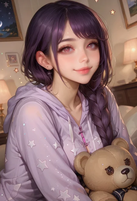 safe_pos, score_9, score_8_up, score_7_up, NSFW, (masterpiece, best quality, high quality, sharp lines, sharpness), (((solo, face focus))), source_anime, volumetric lighting, cinematic background, lewd, sexy, cute, erotic,
BREAK
(((purple hair, long hair, single braid, hair behind ear, swept bangs))), (beautiful detailed face), mature, 20 years old, pale skin, large round breasts, blush, thick eyelashes, (((pink eyes, detailed eyes, perfect eyes))), sexy lips, sharp nose, looking at viewer, closed mouth,
BREAK
(((sitting, on bed, hugging a teddy bear, smiling))),
BREAK
(((onesie with a hoodie, decorated with stars and moons, with a hood))),
BREAK
indoors, night, modern, bedroom, (((tasteful layout, detailed background))), (((dutch angle, upper body, face focus, depth of field))),