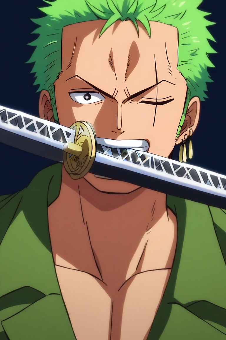 score_9, score_8_up, score_7_up, source_anime, intricate details, (photorealistic:0.6), looking at viewer, upper body, , 1boy, solo, male focus, <lora:zoro_roronoa_pony:0.8>, zoro_roronoa, green hair, black eyes, short hair, , earrings, post timeskip, wano country arc, , , scar across eye, one eye closed, , katana, holding sword, mouth hold, teeth, , , world war 1, , <lora:sdxl_lightning_8step_lora:1>