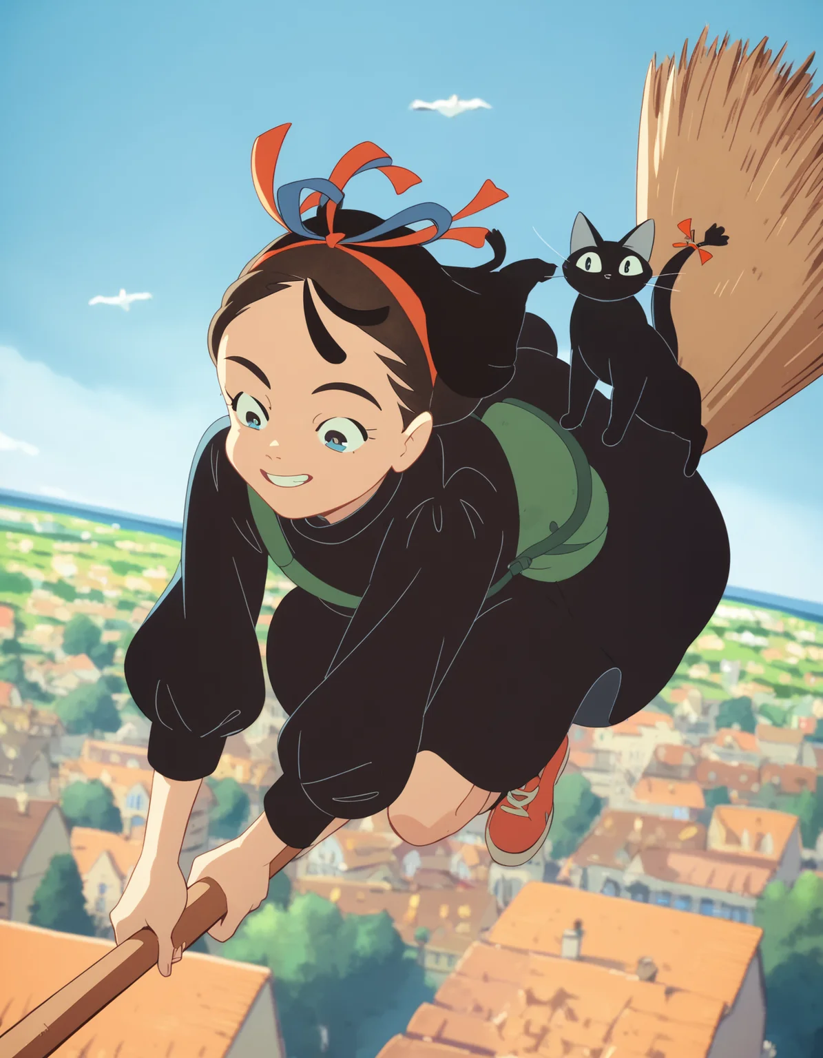 score_9, score_8_up, score_7_up, source_anime, <lora:kikimac-ponyxl-000009:0.9> 1girl, solo, kikimac, hair ribbon, black dress, dress,
smile, blue sky, cat, broom riding, flying