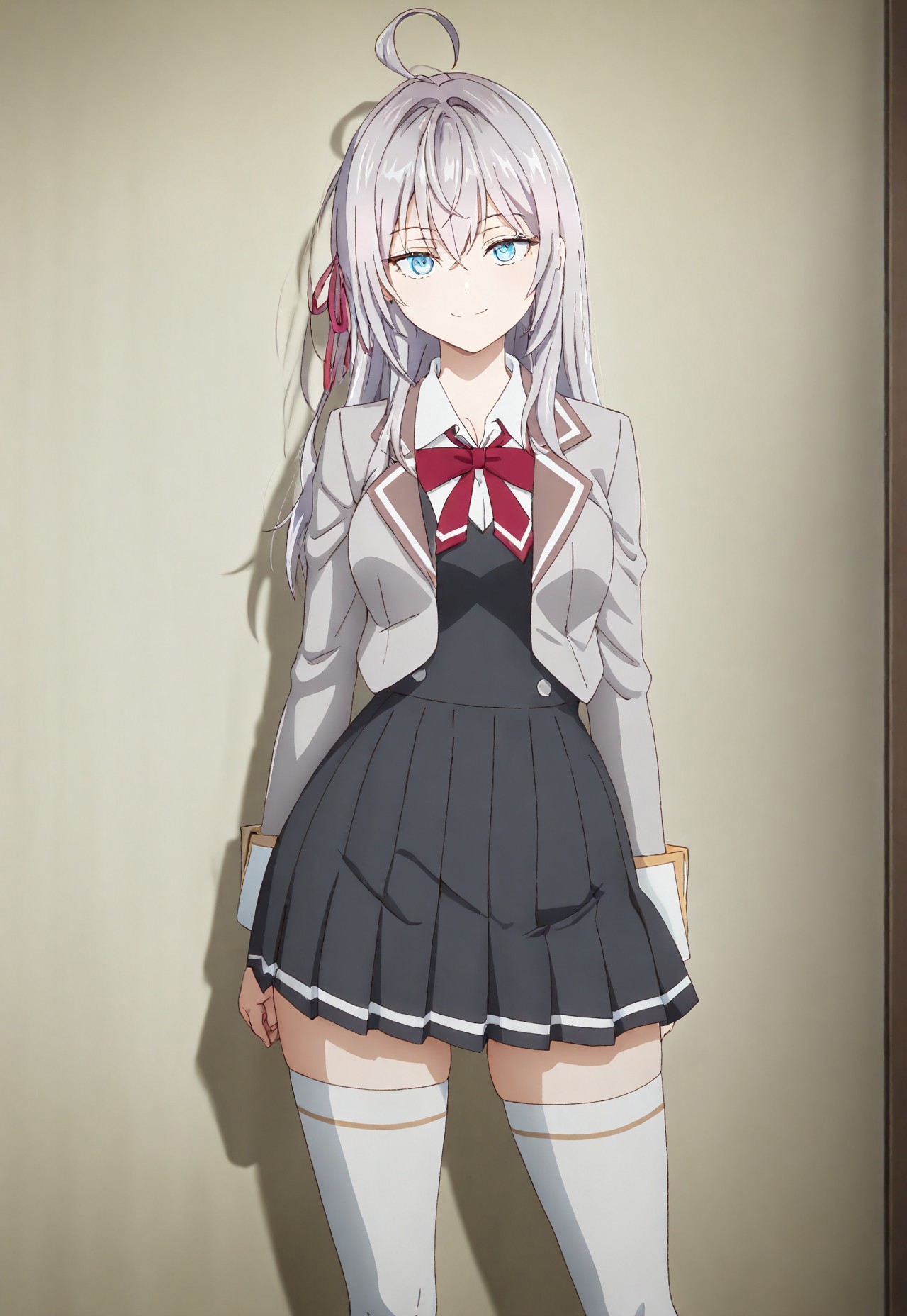 detailed, sinfully stylish, dramatic lighting, long shadows, soft light, contrapposto, anime, 1girl, solo, blue eyes, grey hair, ahoge, school uniform, dark grey pleated dress, grey jacket, white thighhighs, hair ribbon, staring at viewer, smiling, wide hips, standing