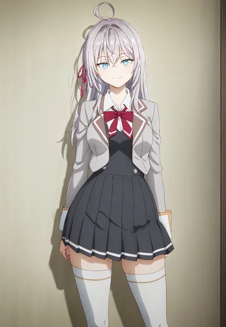 detailed, sinfully stylish, dramatic lighting, long shadows, soft light, contrapposto, anime, 1girl, solo, blue eyes, grey hair, ahoge, school uniform, dark grey pleated dress, grey jacket, white thighhighs, hair ribbon, staring at viewer, smiling, wide hips, standing