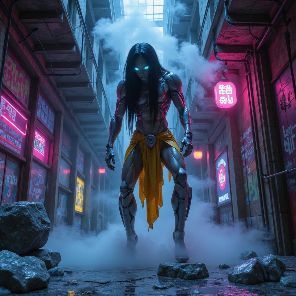 <lora:ck-polygon-gems-0019.safetensors:1> a crafted gemstone model in the style of cklg featuring a
In the neon-lit underbelly of the city, a towering figure looms in a cavernous, decaying alley. The creature’s form is a fusion of organic and mechanical, its muscular frame augmented with sleek, cybernetic enhancements that shimmer under the flickering neon hues of blues, purples, and pinks. Its long, black hair cascades down its shoulders, contrasting sharply with the cold, metallic extensions that protrude from its skin. The creature’s eyes glow with an eerie, electric blue, casting an intimidating shadow as it leans forward, its presence both menacing and mesmerizing.
Tattered, yellow fabric clings to its waist, a relic from a bygone era, now juxtaposed against the futuristic, glowing circuitry that weaves through its body. The alley is a maze of derelict buildings, their surfaces adorned with flickering holographic advertisements and graffiti. Smoke and mist swirl around the creature’s feet, mingling with the steam from broken pipes and the glow of discarded neon signs, creating a surreal, dystopian atmosphere. The air is thick with the scent of decay and the hum of malfunctioning technology, adding to the air of mystery and unease.