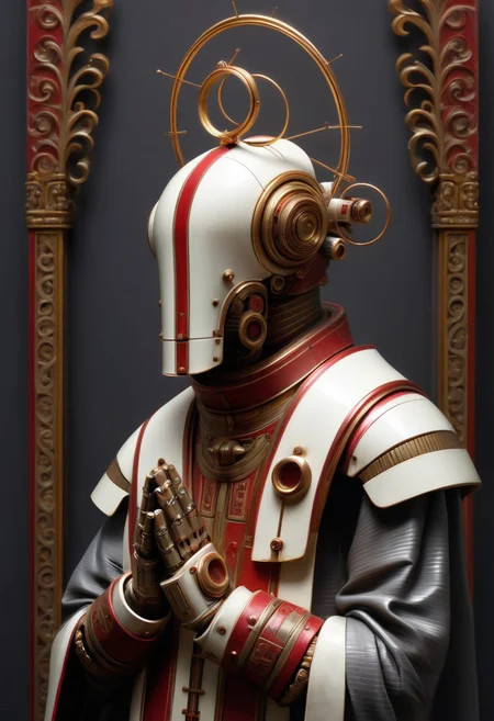 Full shot of a stylized, mechanical figure, reminiscent of a futuristic priest or automaton. 
The figure has a headpiece that resembles a helmet or mask, constructed from metallic components of various shades of white, gold, and reddish-brown.  A large, circular, gold halo-like structure is visible surrounding the head.  The faceplate features intricate, mechanical details, including several circular protrusions that seem to be vents or intakes.  A red panel runs vertically across the faceplate. A pinkish-red tube extends from the back of the head reminiscent of a respiratory or exhaust system.
The upper torso of the figure is covered in a dark gray or black garment that appears to be part of a robe or long coat.  The garment has sculpted details and seams, suggesting rich texturing. Stripes or bands of red and white are visible on the robes collar and shoulders, and a similar patterning appears lower down.
The hands of the figure are presented in a praying posture, with ornate metallic gauntlets that are a mix of gold and off-white metal.  The gauntlets have detailed designs, creating a sense of intricate craftsmanship and machinery.