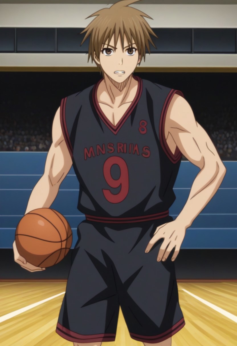 ((masterpiece)), ((best quality)), ((ultra-detailed)), ((absurdres)), score_9_up, score_8_up, score_7_up,
HD, top quality, best quality, amazing quality, High-quality illustrations, anime screencap, source_anime, best aesthetic, perfect proportions, perfect eyes, 1boy, 1male, solo boy, solo male, male focus, solo male focus, Anime, boy, male anime character, anime boy, handsome, cute, charming, sexy, good-looking, Ryou Sakurai, light brown hair, brown eyes, black basketball jersey uniform, black sleeveless shirt, loose untucked shirt, black shorts, ((basketball court, indoor court)), ((running, running action, legs moving, arms moving)), ((playing basketball)), ((cowboy shot, head to hips shot)), ((gritting teeth)), easynegative, updn, Expressiveh, masterpiece, best quality, very aesthetic, absurdres