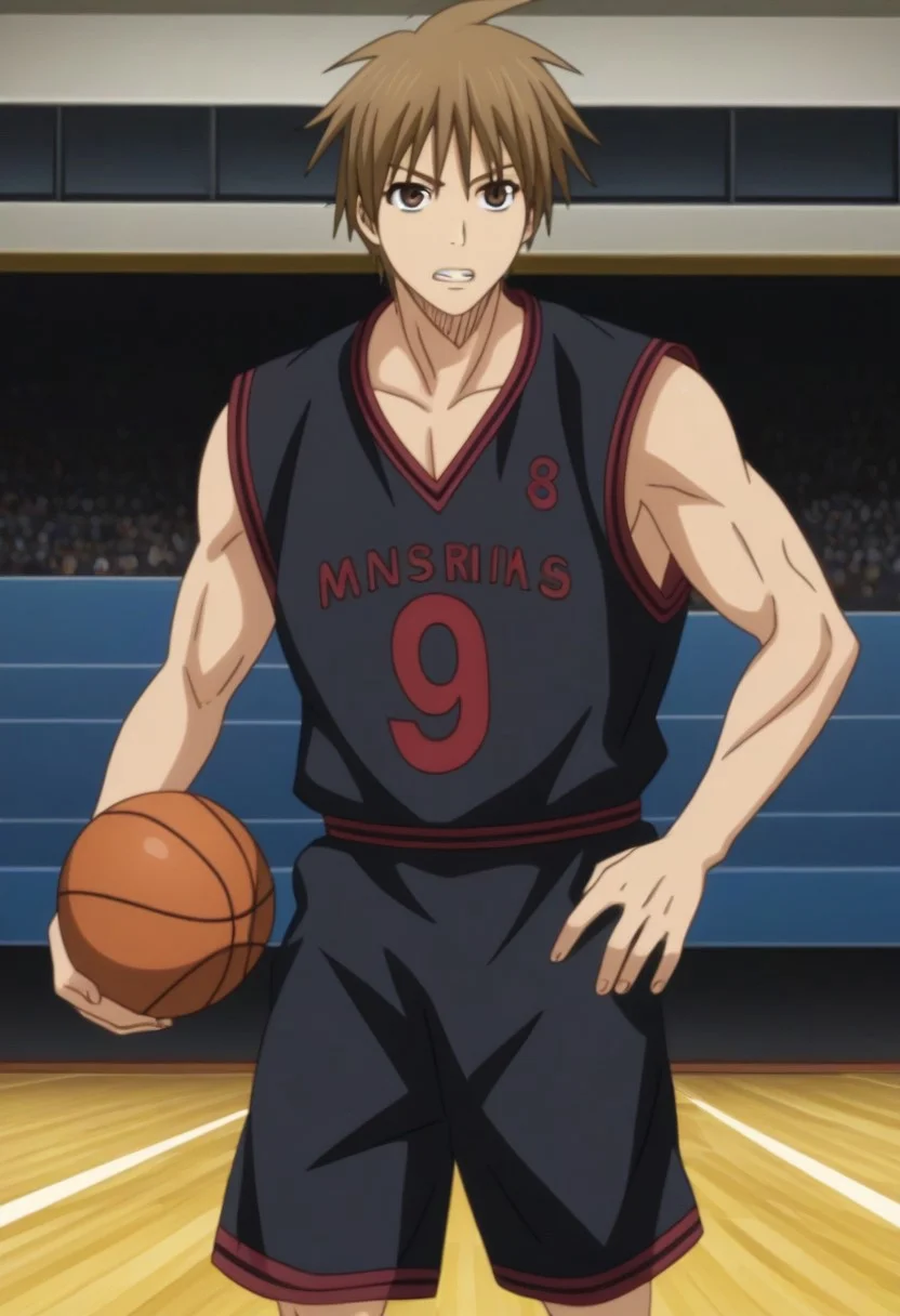 ((masterpiece)), ((best quality)), ((ultra-detailed)), ((absurdres)), score_9_up, score_8_up, score_7_up,
HD, top quality, best quality, amazing quality, High-quality illustrations, anime screencap, source_anime, best aesthetic, perfect proportions, perfect eyes, 1boy, 1male, solo boy, solo male, male focus, solo male focus, Anime, boy, male anime character, anime boy, handsome, cute, charming, sexy, good-looking, Ryou Sakurai, light brown hair, brown eyes, black basketball jersey uniform, black sleeveless shirt, loose untucked shirt, black shorts, ((basketball court, indoor court)), ((running, running action, legs moving, arms moving)), ((playing basketball)), ((cowboy shot, head to hips shot)), ((gritting teeth)), easynegative, updn, Expressiveh, masterpiece, best quality, very aesthetic, absurdres