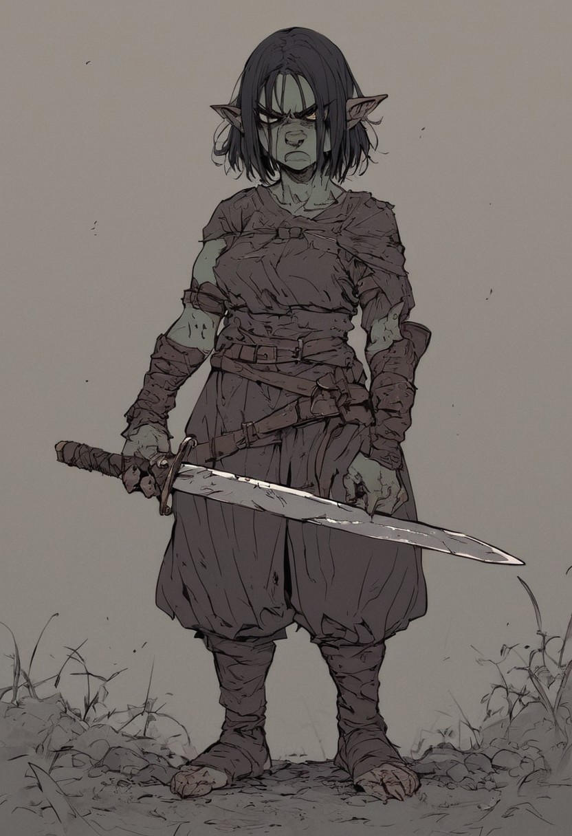 Score_9, score_8, score_7_up, solo,
Goblin, female, ugly, angry, swords, carrying two swords, flat color, dark theme, green,
