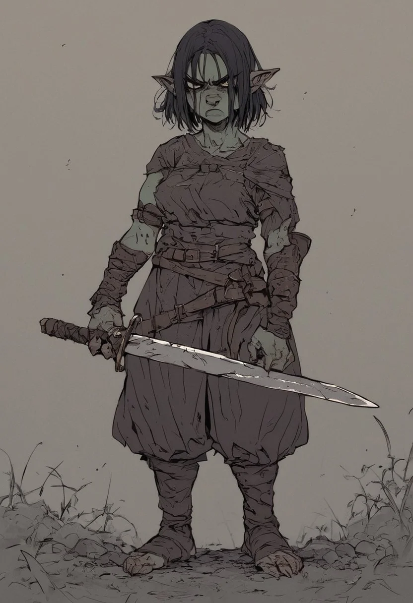 Score_9, score_8, score_7_up, solo,
Goblin, female, ugly, angry, swords, carrying two swords, flat color, dark theme, green,