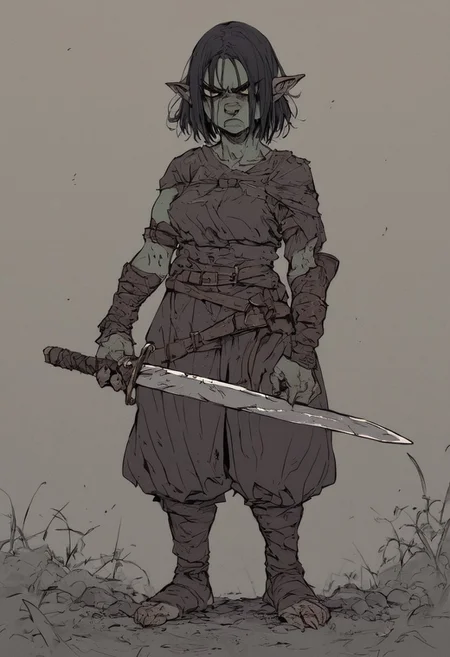 Score_9, score_8, score_7_up, solo,
Goblin, female, ugly, angry, swords, carrying two swords, flat color, dark theme, green,