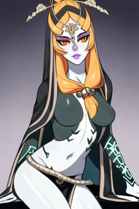 masterpiece, best quality, portrait of midna, full body, pelvic curtain, legs, slim, 1girl, breasts, colored sclera, blue skin, forehead jewel, front ponytail, grey skin, large breasts, lips, long hair, looking at viewer, midna, orange hair, solo, upper body, yellow sclera, intricate hair, official art