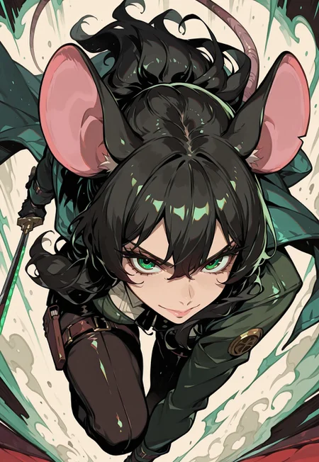 score_9, score_8_up, score_7_up, masterpiece, best quality, very aesthetic, 1girl, detailed face, (dynamic:1), vibrant colors, aura, mouse girl, mouse ears, mouse tail, black hair, long hair, green eyes, spy, rogue outfit, floating knifes, flying knifes at viewer, running, confident, full body