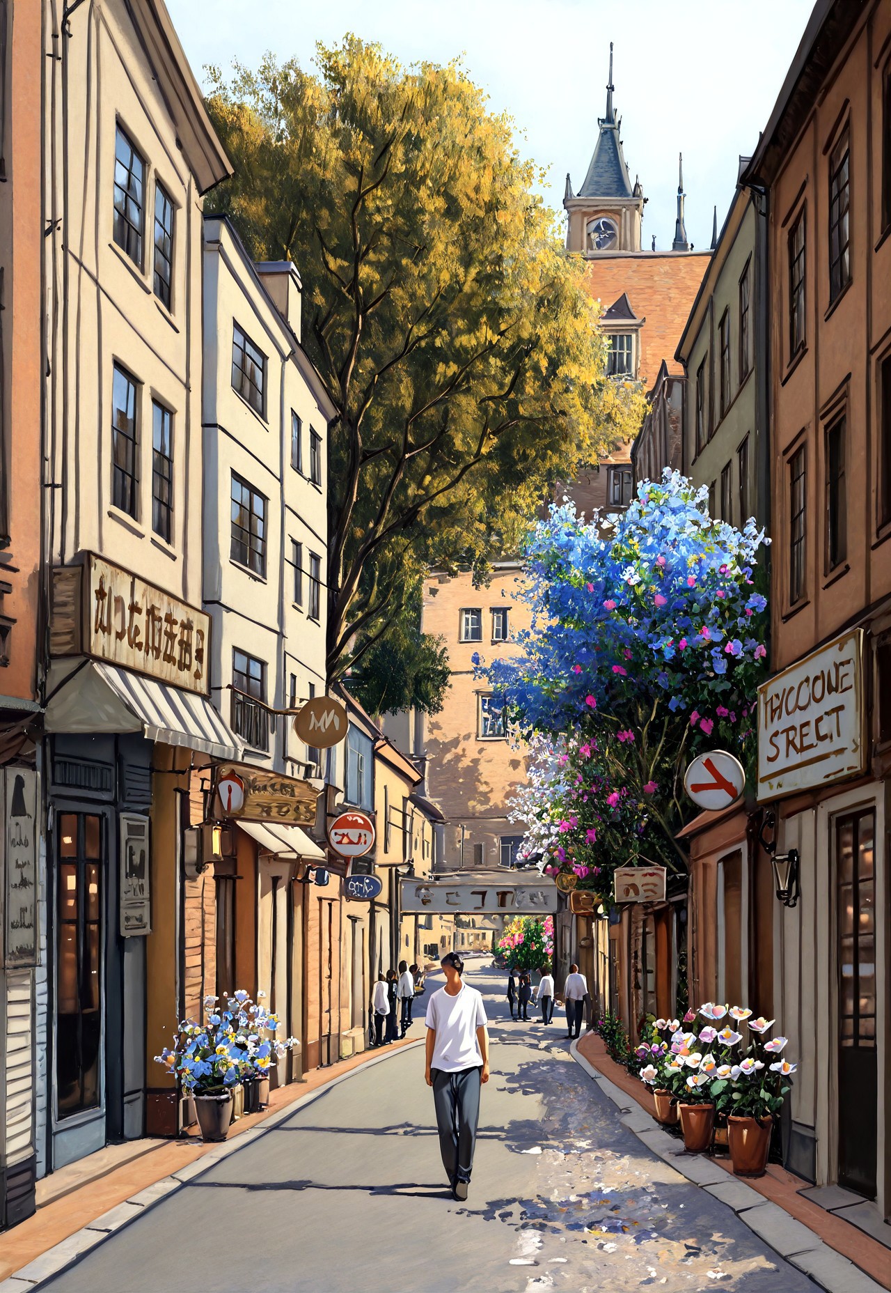 masterpiece, very aesthetic, absurdres, best quality, 1MPR3SS1ON1SM, oil painting, outdoors, scenery, building, tree, road, window, street, 1boy, sky, day, shirt, white shirt, sign, pants, walking, flower, plant