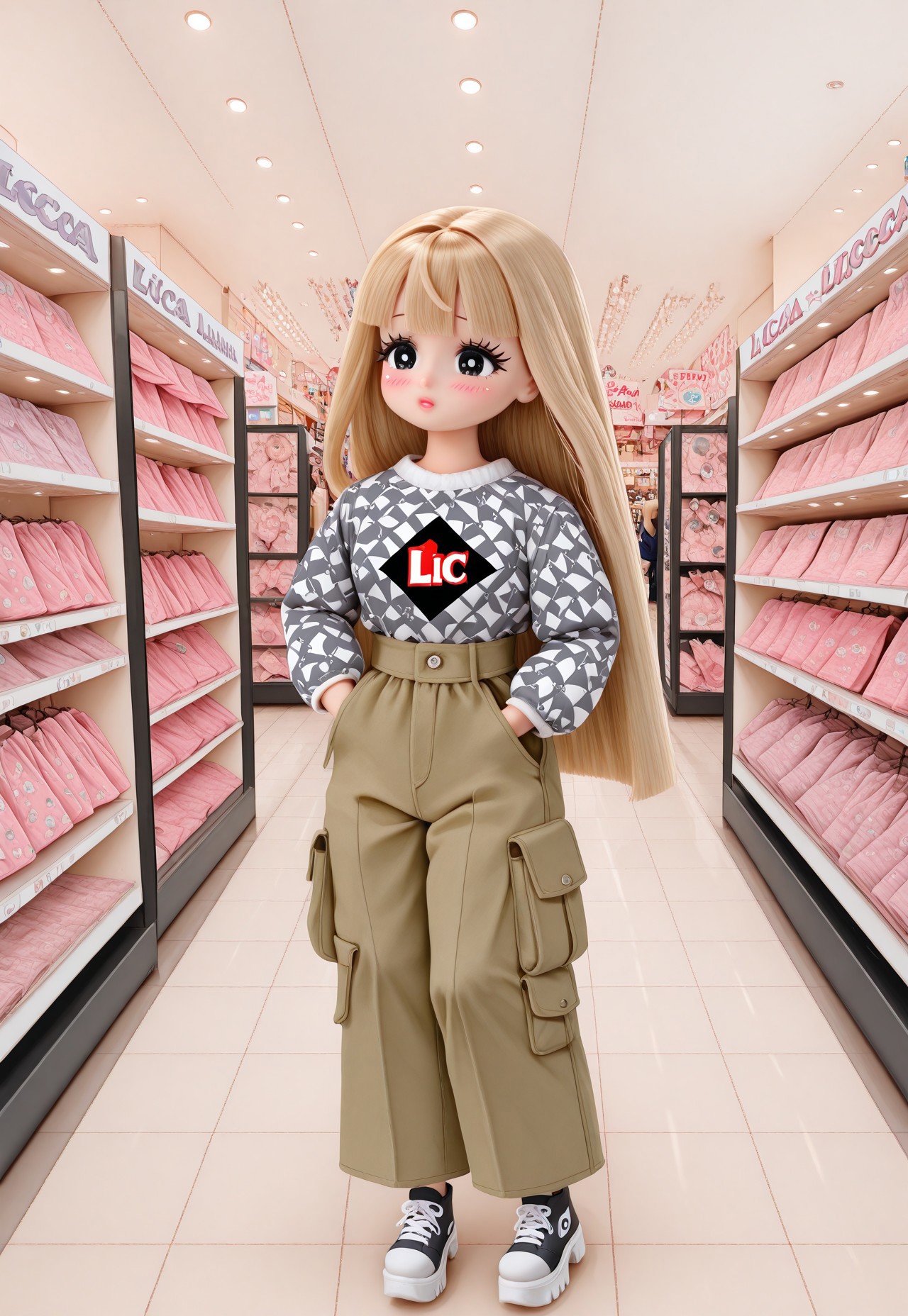 1girl, solo, solo female, ((Licca-chan : 1.2)), moe, kawaii, cute, doll joints, long hair, straight hair, light blonde hair, big black eyes, blush, full face blushing, light makeup, black eyeliner, black mascara, ((fashion, doll clothes)), checkerboard print, print clothes, cargo pants, too many pockets, platform sneakers, (detailed background, detailed scenery : 1.2), (photo background), indoors, (mall, store interior, fashion store)
