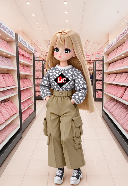 1girl, solo, solo female, ((Licca-chan : 1.2)), moe, kawaii, cute, doll joints, long hair, straight hair, light blonde hair, big black eyes, blush, full face blushing, light makeup, black eyeliner, black mascara, ((fashion, doll clothes)), checkerboard print, print clothes, cargo pants, too many pockets, platform sneakers, (detailed background, detailed scenery : 1.2), (photo background), indoors, (mall, store interior, fashion store)