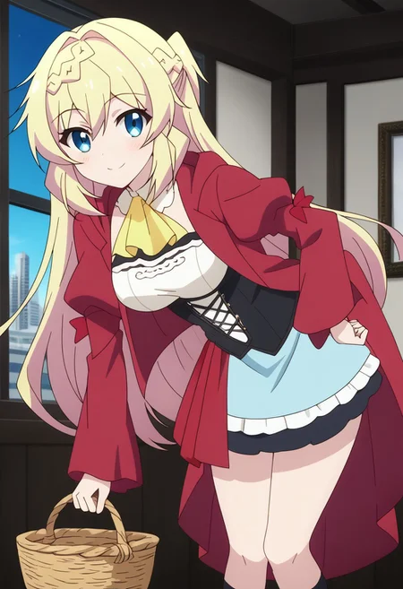 score_9, score_8_up, score_7_up, score_6_up, score_5_up, score_4_up, epic-Ultra-HD-details, epic-Ultra-HD-highlights, 2.5D-upscaled-resolution, source_anime, digital-quality, semi-realism, physically-realistic, lit, cutesie,
afrobullstyle, 
BREAK source_anime, anime, best quality, masterpiece, rating_safe, uncensored, High quality, 8k, Ultra, 
BREAK (4partment,indoors, window, scenery, cityscape),
BREAK 1girl, azusa, blonde_hair, blue_eyes, braid, very_long_hair, 
little red riding hood, red dress, basket, skirt, corset,
BREAK ((cowboy shot)),(leaning forward),(from below),(((from front))),
busty breasts,(((medium breasts:1.2))), (thick thighs,:1,2),
looking at viewer,smile,blush,