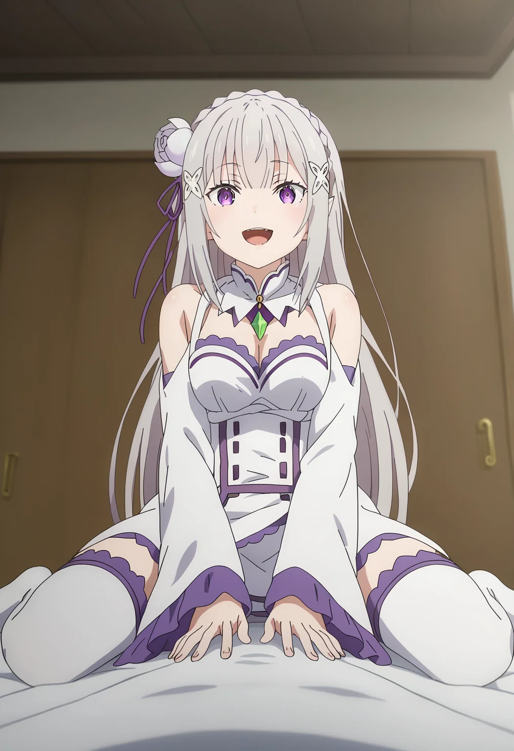 score_9, score_8_up, score_7_up, source_anime,
BREAK
1girl, solo, anime screencap, anime coloring,
<lora:shiEmiliaV2:1> shimilia, long hair, grey hair, purple eyes, pointy ears, crown braid, hair flower, hair ribbon, purple ribbon, x hair ornament, white dress, cleavage, bare shoulders, wide sleeves, white thighhighs, thigh boots,
<lora:shiyukiposeV1:0.8>, shiyukidef, looking at viewer, smile, open mouth, cleavage, collarbone, :d, pov,
