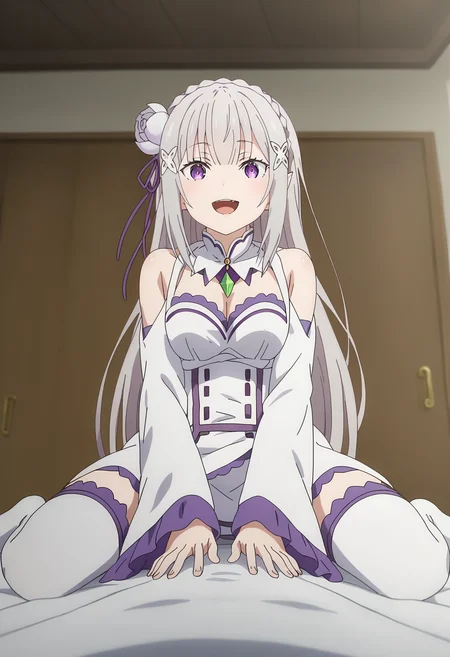 score_9, score_8_up, score_7_up, source_anime,
BREAK
1girl, solo, anime screencap, anime coloring,
<lora:shiEmiliaV2:1> shimilia, long hair, grey hair, purple eyes, pointy ears, crown braid, hair flower, hair ribbon, purple ribbon, x hair ornament, white dress, cleavage, bare shoulders, wide sleeves, white thighhighs, thigh boots,
<lora:shiyukiposeV1:0.8>, shiyukidef, looking at viewer, smile, open mouth, cleavage, collarbone, :d, pov,