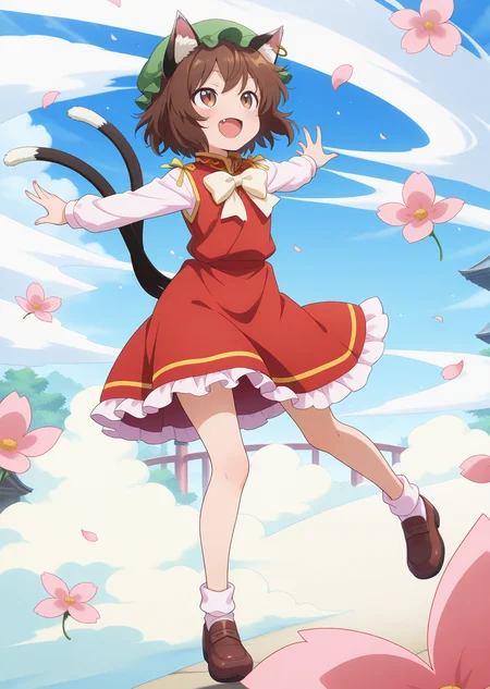 absurdres, highres, masterpiece, best quality, amazing quality, official anime artwork, screencap, anime screencap, shrine, outdoors, bridge, looking up, wind, petals, open mouth, happy,
<lora:Chen_Illustrious:1> chen, 1girl, solo, brown hair, short hair, brown eyes, cat tail, two tails, cat ears, fang,, mob cap, green hat, single earring, red dress, dynamic pose, flowers, jump,