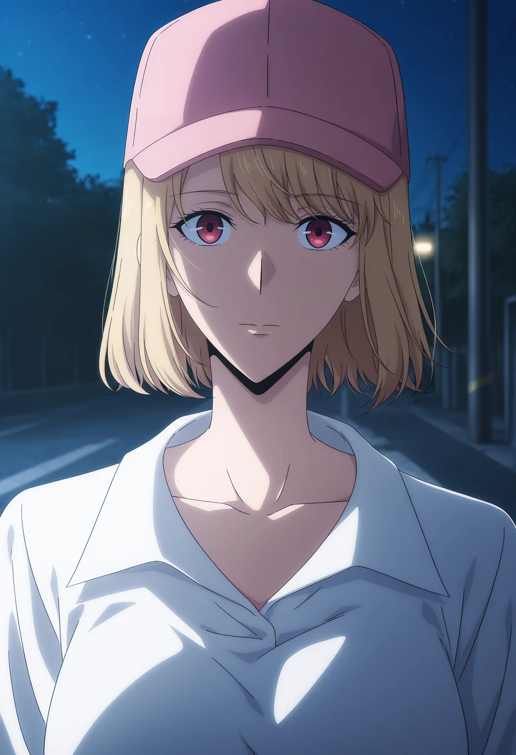<lora:Hae In CHA:1>,
Hae-In CHA, hat, baseball cap, looking at viewer, pink headwear, shirt, upper body, solo, collarbone, outdoors, closed mouth, white shirt, collared shirt, night, breasts, blurry