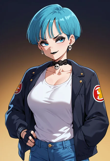 safe_pos, score_9, score_8_up, score_7_up,source_anime, dragon_ball dragon_ball_(classic)
bulma toriyama_akira_(character), solo, 1girl, smirk, blue hair, short hair, young milf, goth mommy, medium breast, black eyeliner, heavy smokey eyeshadow, black lipstick, facial tattoos, tatoos, black coloured thorn Choker, skull earrings, fingerless black lace gloves, white tshirt, black jacket, jeans