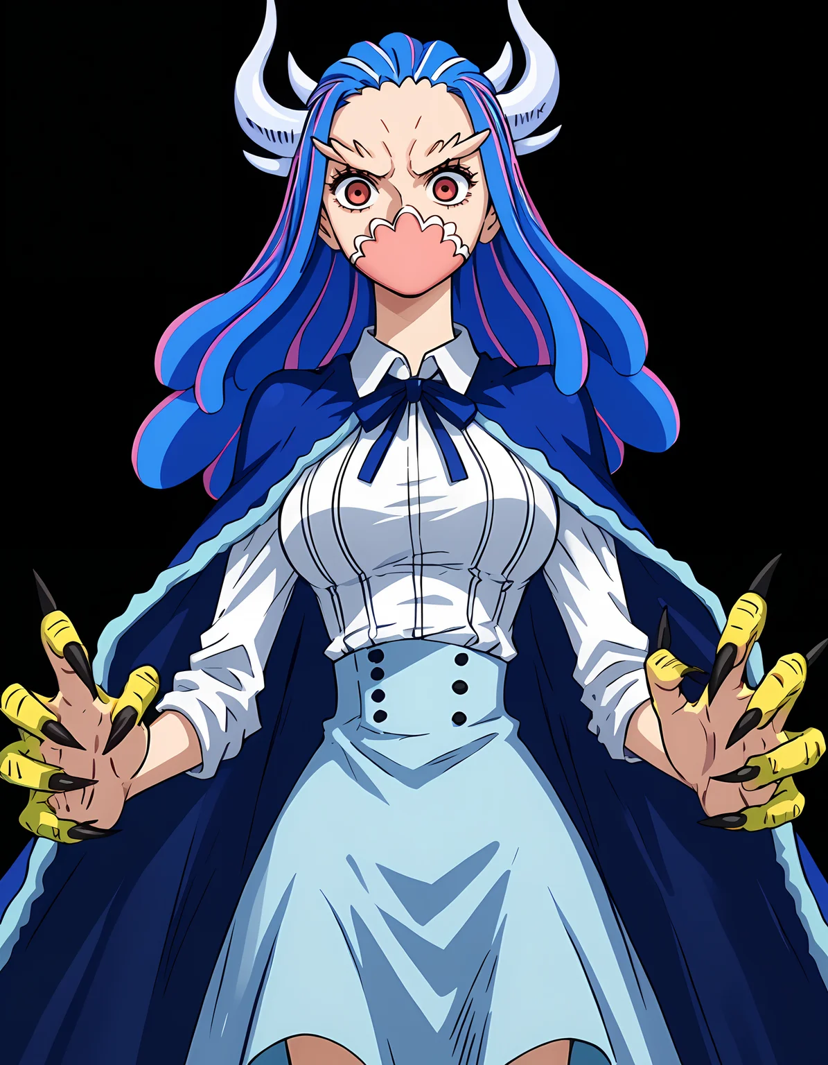 <lora:Ulti-000010:1>ult1, hybrid-form, 1girl, blue cape, white shirt, looking at viewer, solo focus, breasts, skirt, claws, black background, simple background