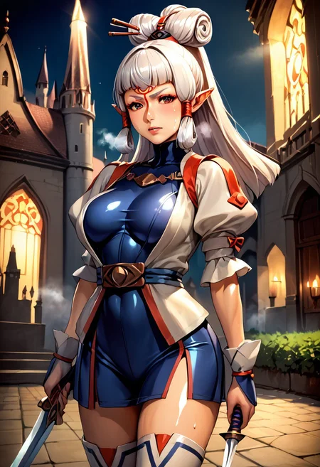 score_9, score_8_up, score_7_up, source_anime, , (best quality) , (highly detailed) , (best quality) , (highly detailed) ,((masterpiece)), ((best quality)), (ultra-detailed), ((extremely detailed)), (high resolution), 4K, (8K), best quality, (beautiful), (dynamic lighting), (super detailed skin), sharp focus, (1_girl, solo focus), shiny skin, masterpiece ,absurdres ,detailed face ,beautiful face , paya, elf ears, pointy ears, high ponytail, hair ribbon, White Hair
  gloves, puffy sleeves, belt, breastplate, armor, dress, thigh boots, frills, bodysuit, serious, Narrow shoulders, heavy breathing, sweat, steaming body, castle, outdoor, looking at viewer, holding sword, rapier