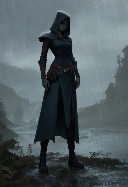 score_9, score_8_up, score_7_up, 
1 girl, ((dunmer)), skyrim dark elf, elder scrolls, dunmer wizard wearing robes standing outside in rain in fantasy landscape. 
Full body view. ((dark grey ashen skin)), drow with dark grey skin, dark grey small lips, small nose, (((large dark red eyes, no sclera))), narrow slender face, pronounced cheekbones, feminine, pretty, subtle seductive smile, facial tattoos, (wearing black sorceress robes, wearing wizard robes, battlemage outfit)), 
((outside in rain, raining)), wet, alien plants in background, cliffs in background. 
photo, raw, fantasy, concept art, realistic
