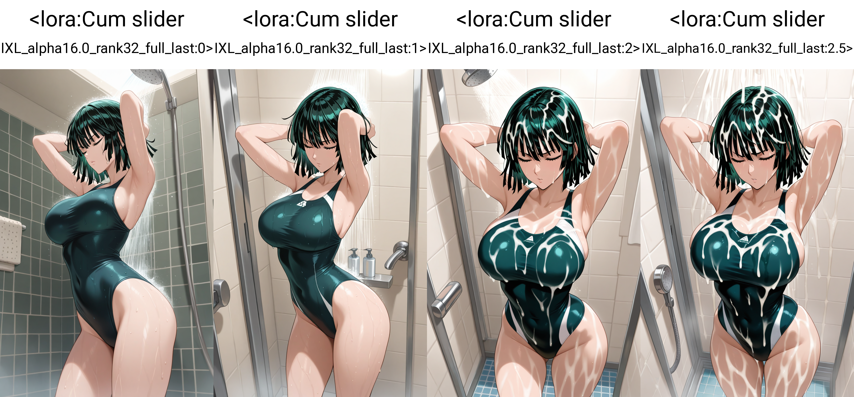 masterpiece, best quality, 1girl, solo, standing, arms behind head, closed eyes, one-piece swimsuit, fubuki \(one-punch man\), shower,   <lora:Cum slider IXL_alpha16.0_rank32_full_last:0>