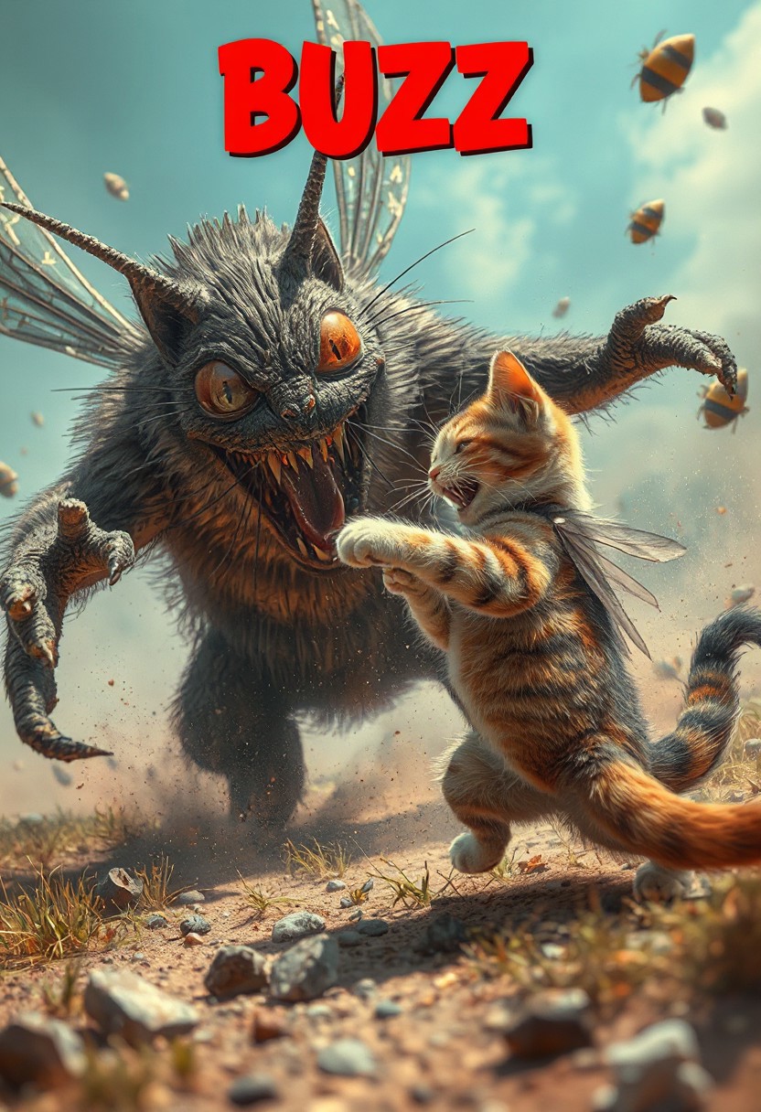 cat fighting against a 'BUZZ' monster. Epic battle.
