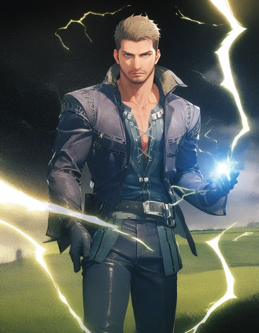 score_9, score_8_up, score_7_up, score_6_up, score_5_up, <lora:FF16 - Cidolfus Telamon - Pony 3-000007:0.7>cid_t, light brown hair, very short hair, green eyes, facial hair, jacket, shirt, belt, gloves, pants, boots, green field, night, storm, lightning, magic, electricity, holding magic, looking at viewer, glowing blue eyes, cowboy shot