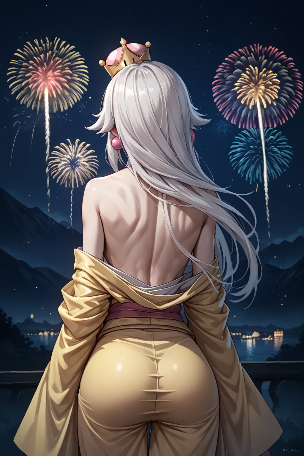 score_9, score_8_up,  <lora:NSBooetteMari:0.9> NSBooetteMari, white hair, hair flaps, long hair, pale skin, crown, ball earrings, pink earrings, yellow kimono, from behind, fireworks, night, mountains, bare shoulders