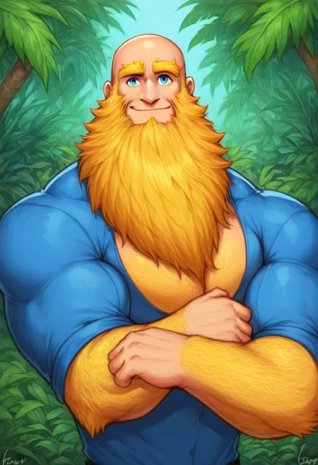 score_9, score_8_up, score_7_up, score_6_up, score_5_up, score_4_up, rating_questionable <lora:gomtang_style_1:1>, <lora:add-detail-xl:1.5>, Completely Bald, Half Body, Flexing Muscle With One Arm, (Tropical House Scenery), 1boy, {Strong Triangular Jawline}, bodybuilding, {massive pectoral}, {beefy muscle}, Tall, Goliath, Rugged Features, Chiseled Features, Mature Male, 40-Year Old Man, {Thick Yellow Eyebrows}, {Blue PE Teacher Shirt, PE Outfit}, Blue Eyes, Brawl Stars Style, Saying Hi, Closed Mouth Smile, Highlights,, Bald, Strong Neck, Epic Beard, {Very Long Beard}, Big Beard, Small Waist, Huge Biceps, ({Yellow Beard}), GomTang, {very long big epic beard), <lora:Cruz'sBeardedMan:0.7>, Looking At Viewer, Masterpiece, (Neck Mane, Beard Covering Neck, Beard Covering Chest), Hairy