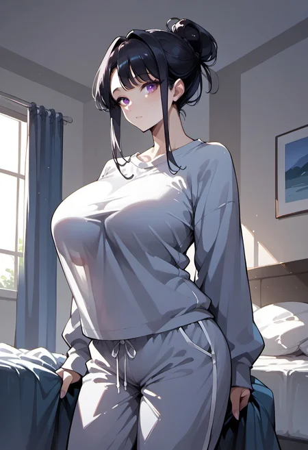 score_9, score_8_up, score_7_up, score_6_up, 1girl, source_anime, 
1girl, Hina,
haircut bangs, hair bun, large breasts, baggy sweatshirt, pajama pants,  blanket,
Indoors, living room,
Dutch angle,