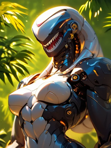 Score_9, score_8_up, score_7_up, score_6_up, source_anime, 1girl, solo, upper body, (jungle backdrop), godrays, BREAK, sc-fi, monster girl ,mecha snake womanBREAK, mechanical joints, (black armor), no eyes, BREAK, big sharp teeth, open mouth, robot abs, wide hips, <lora:Wild_Mecha_Mix:1> BREAK, Expressiveh,<lora:Expressive_H:0.9>,OverallDetail