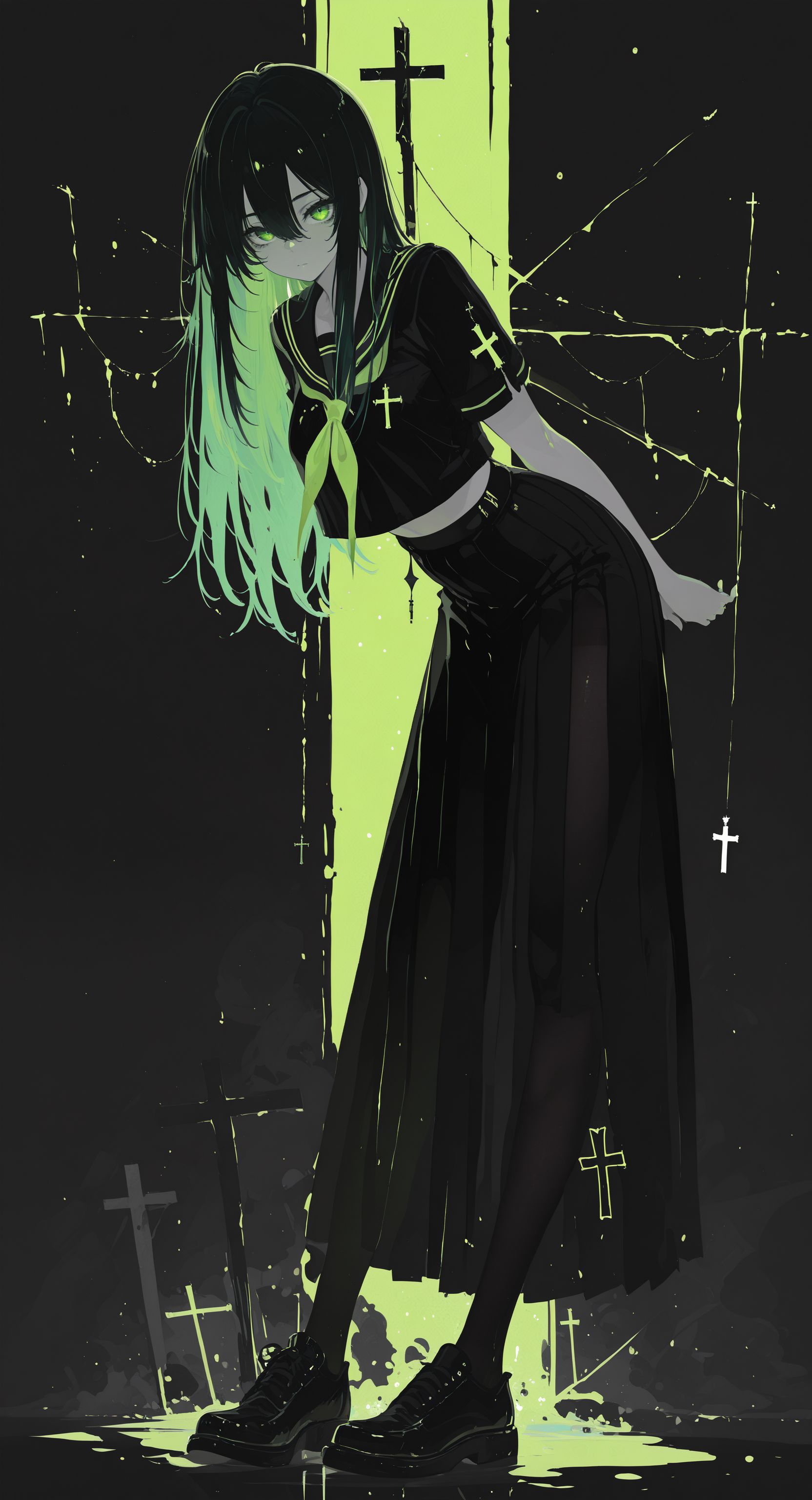 masterpiece, best quality, good quality, very awa, newest, highres, absurdres, 1girl, solo, long hair, looking at viewer, shirt, skirt, black hair, hair between eyes, green eyes, school uniform, full body, short sleeves, pantyhose, green hair, shoes, serafuku, midriff, black skirt, black footwear, black shirt, black pantyhose, leaning forward, cross, long skirt, black serafuku, limited palette, h4ra_illu <lora:illustriousXL_stabilizer_v1.23:0.3> <lora:NOOB_vp1_detailer_by_volnovik_v1:0.3> <lora:ponyv6_noobE11_2_adamW-000017:0.3> <lora:114558v4df2fsdf5:0.6> <lora:XXX667:0.4> <lora:mon_monmon2133:0.5> <lora:hara_id_21:0.6>