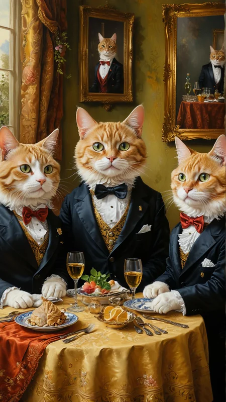 A classic oil painting depicting a group of cats dressed in formal attire, attending a fancy dinner party and discussing the latest catnip gossip.
(masterpiece, award winning artwork)
many details, extreme detailed, full of details,
Wide range of colors, high Dynamic
<lora:MJ52:0.21>
<lora:SDXLFaeTastic2400:0.25> <lora:add-detail-xl:0.9> <lora:xl_more_art-full_v1:0.53>