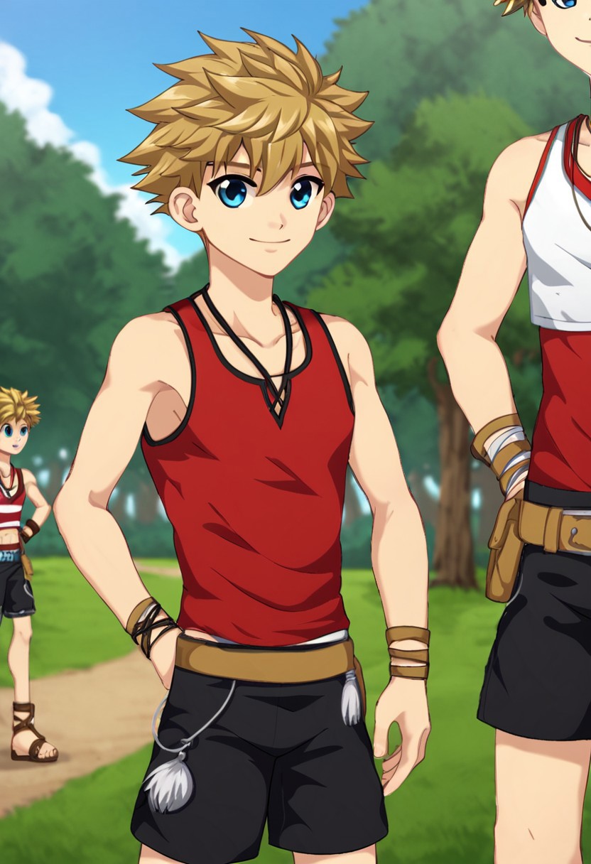 connor bleufin, blond hair, short hair, spiky hair, blue eyes, 1boy, solo focus, medium build body, wear red tank top, wear black shorts, outdoor, sunny day, clear sky, standing