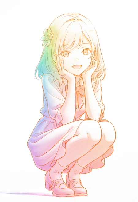 <lora:Colored pencils_illustrious-000098>,
<lora:Maria Mikhailovna Kujou (5):1>,
1girl,dress,smile,waving,
smile,looking at viewer,open mouth,upper body,hair flower,flower,bow,bowtie,
monochrome,simple_background,white_background,colorful,multicolored,squatting,socks,mary jane shoes,hand on face