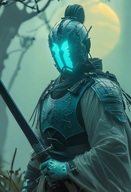 a mystical, and high-resolution image of an anthropomorphic Elysium Knight with translucent turquoise Blue helmet visor, The character should be depicted in a manga cover style with wealthy portraiture and poster art elements. Volumetric lighting, The image should feature rich colors and high contrast, focusing on the best quality, official art, and a beautiful and aesthetic appearance. wearing Sci-fi clothes and armor, holding a sheathed light katana, and standing in a Open mouth cowboy shot pose. The character should have tattoos, muscular abs, shoulder armor, mystic Ethereal moon forest lake in the background. Emphasize a samurai theme with a detailed background and floral elements.
