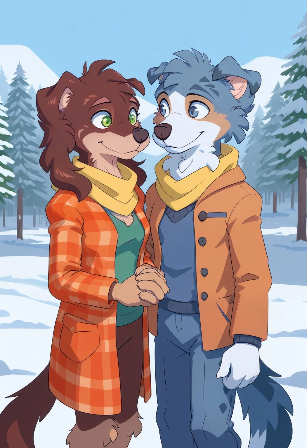 <lora:riley_(savestate)_v1_pny:0.8> <lora:kade_nicole_pny-15:0.7> riley_(savestate), dog girl, 1girl, brown hair, animal ears, green eyes, tail, pants, scarf, tree, plaid, furry, winter coat, orange coat, blue coat, furry male, yellow scarf, outdoors, winter, snow , smile, holding hands, kade_(savestate), 1boy, blue fur, blue eyes, source_furry, score_9, score_8_up, score_7_up, score_6_up, score_5_up, score_4_up