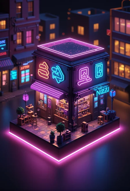 cinematic film still of (tiny and cute isometric scene of nxzskzt, neon, 3d, octane render, neon lighting, neon theme, 3d scene), Pastel Goth aesthetic, holographic colors, stunning background. dark and moody, a mesmerizing blend of light and shadow. masterpiece, absurdres, intricate details <lora:Midjourney_Isometric:0.8>, shallow depth of field, vignette, highly detailed, high budget, bokeh, cinemascope, moody, epic, gorgeous, film grain, grainy