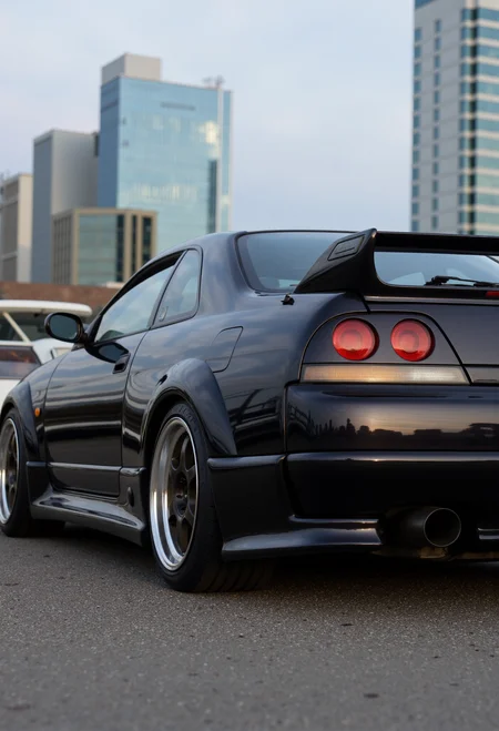 <lora:Nissan_Skyline_GT-R_R33:0.8> A from behind and a side of a modified Nissan Skyline GT-R R33 in all its shining glory. Mirror-like, glossy finish.