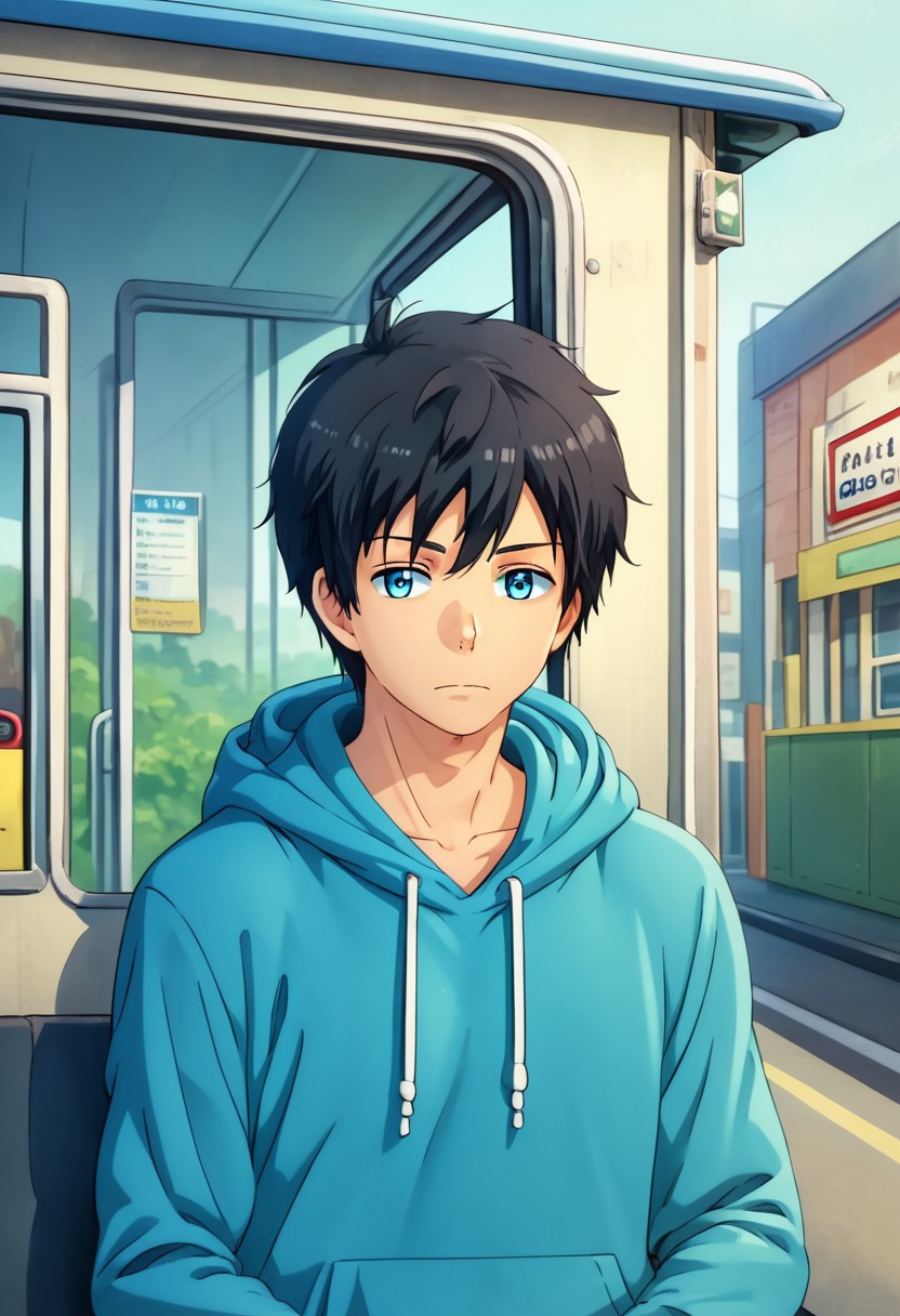 high resolution, solo, best quality, 1Boy, Arata Kaziaki, Black Hair, Blue Eyes, Commuting, bus stop, waiting, hoodie, casual,