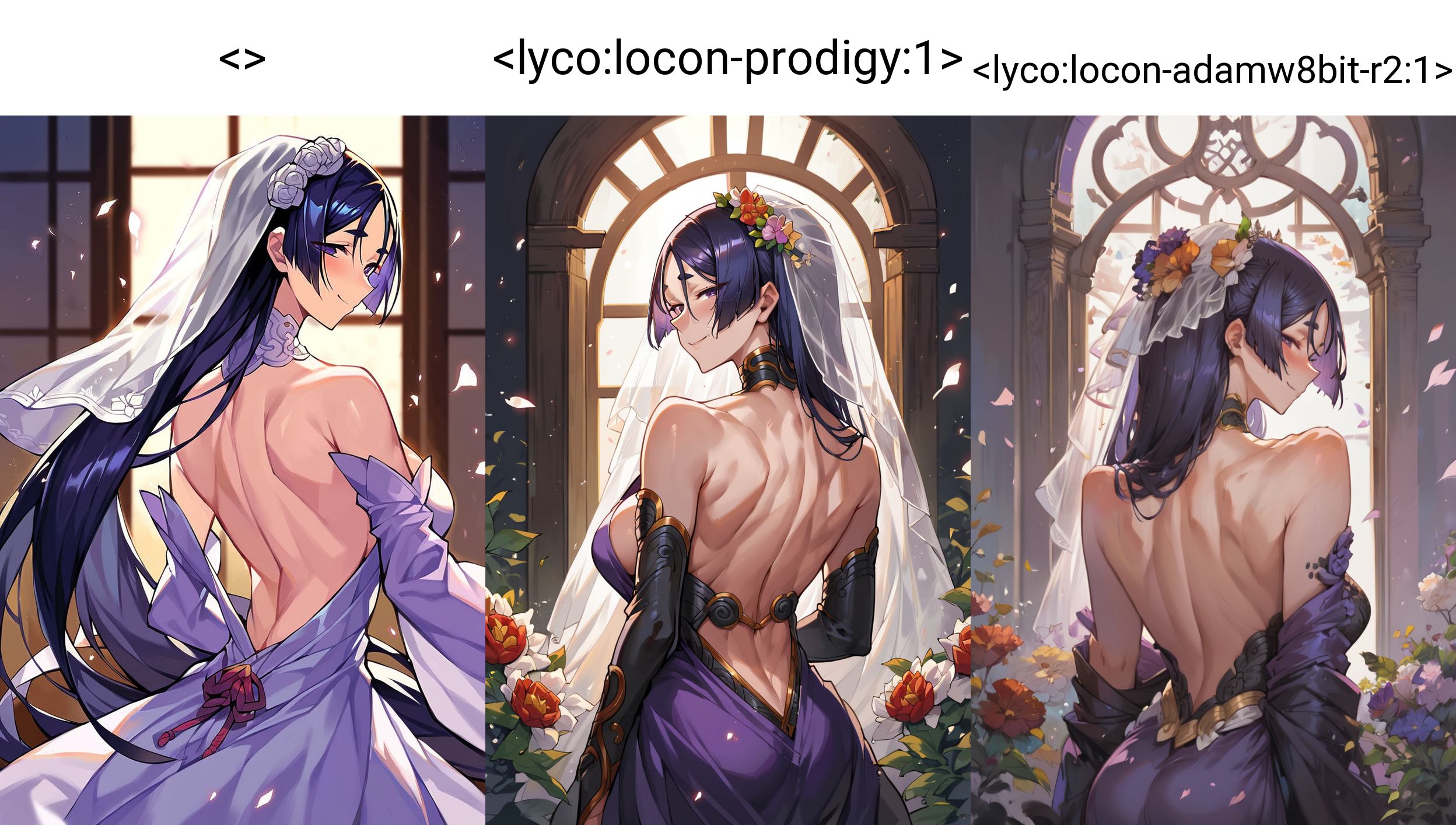 <> 1girl, minamoto no raikou \(fate\), fate/grand order, fate \(series\), back, back focus, backless dress, backless outfit, bangs, bare back, bare shoulders, black dress, blush, bridal veil, detached sleeves, dress, formal, from behind, long hair, looking at viewer, looking back, looking to the side, no bra, off-shoulder dress, off shoulder, purple dress, purple eyes, purple hair, shoulder blades, sideways glance, smile, solo, standing, veil, wedding dress, window
BREAK source_anime, score_9, score_8_up, score_7_up, score_6_up, score_5_up, score_4_up, very aesthetic, absurd res, (expert shading, flat colors), eye focus, (traditional media:0.6), official art,